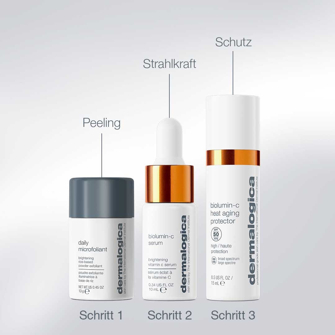 Das Warmth of the Winter Sun Set besteht aus drei Dermalogica-Produkten - Schritt 1 (Peeling), Schritt 2 (Vitamin-C-Serum für Ausstrahlung) und Schritt 3 (LSF 50 Schutz) - die in einer Reihe mit passendem deutschen Text angeordnet sind.