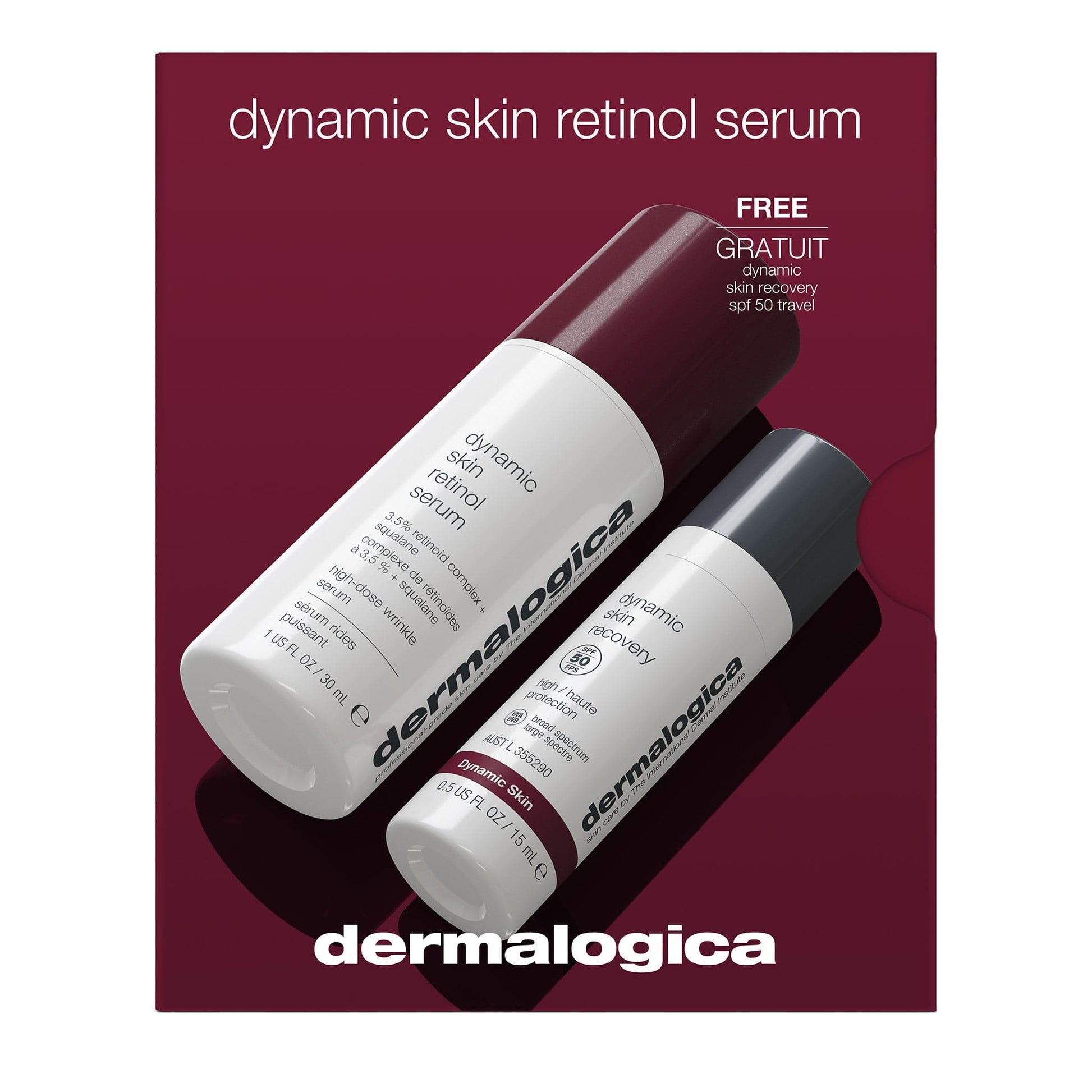 Das Dynamic Defense Duo, bestehend aus dem Dynamic Skin Retinol Serum und einer kostenlosen Reisegröße Feuchtigkeitspflege SPF50, präsentiert sich in einer wunderschönen burgunderroten und weißen Schachtel für fortschrittliche Anti-Aging-Pflege.