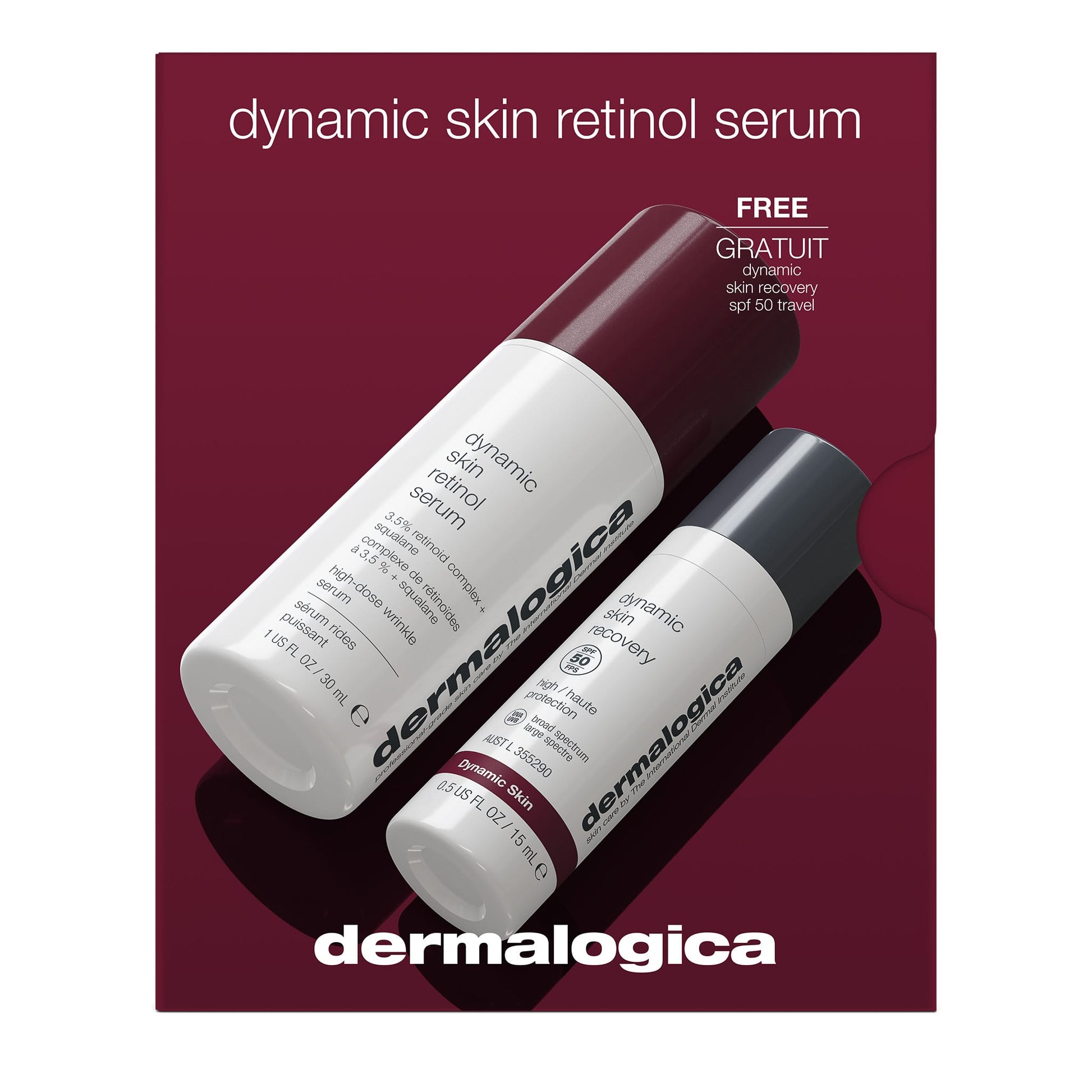 Das Dynamic Skin Retinol Serum Box-Set enthält ein Anti-Aging-Serum in Originalgröße sowie eine kostenlose Reisegröße Dynamic Skin Recovery SPF 50.