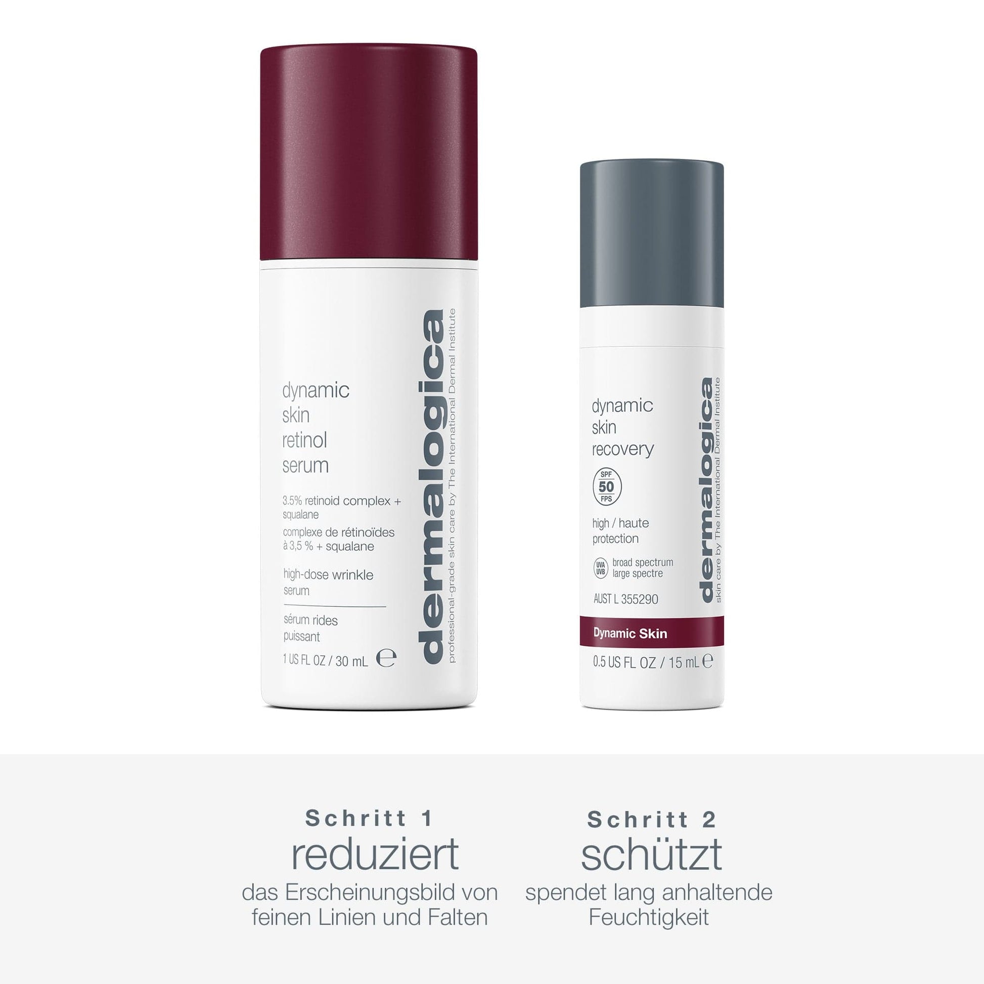 Das Dynamic Defense Duo von Dermalogica: Dynamic Skin Retinol Serum mildert feine Linien, während Feuchtigkeitspflege SPF50 langanhaltend hydratisiert. Deutsche Anleitung für sichtbar glattere Haut ist enthalten.