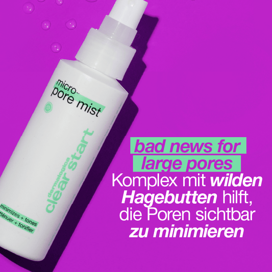 Flasche mit ' Micro Pore Mist' auf violettem Hintergrund, mit Text "bad news for large pores" und Zusatzinformation über die Wirkung des Produkts.