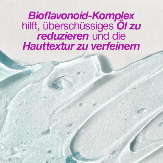 Nahaufnahme einer gelartigen Substanz mit Tropfen darauf und einem Text über die Vorteile von Bioflavonoid-Komplex.