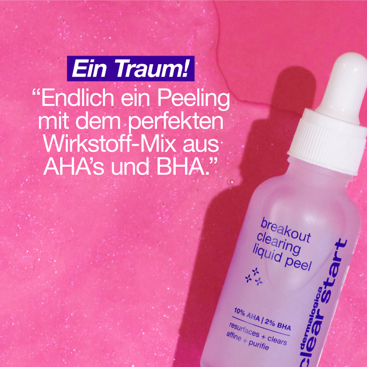 Flasche des Breakout Clearing Liquid Peel Hautpflegeprodukts mit Texten, die dessen Vorteile beschreiben, auf einem rosa Hintergrund.