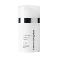 Weiße Flasche mit PowerBright Overnight Cream gegen dunkle Flecken, vor weißem Hintergrund.