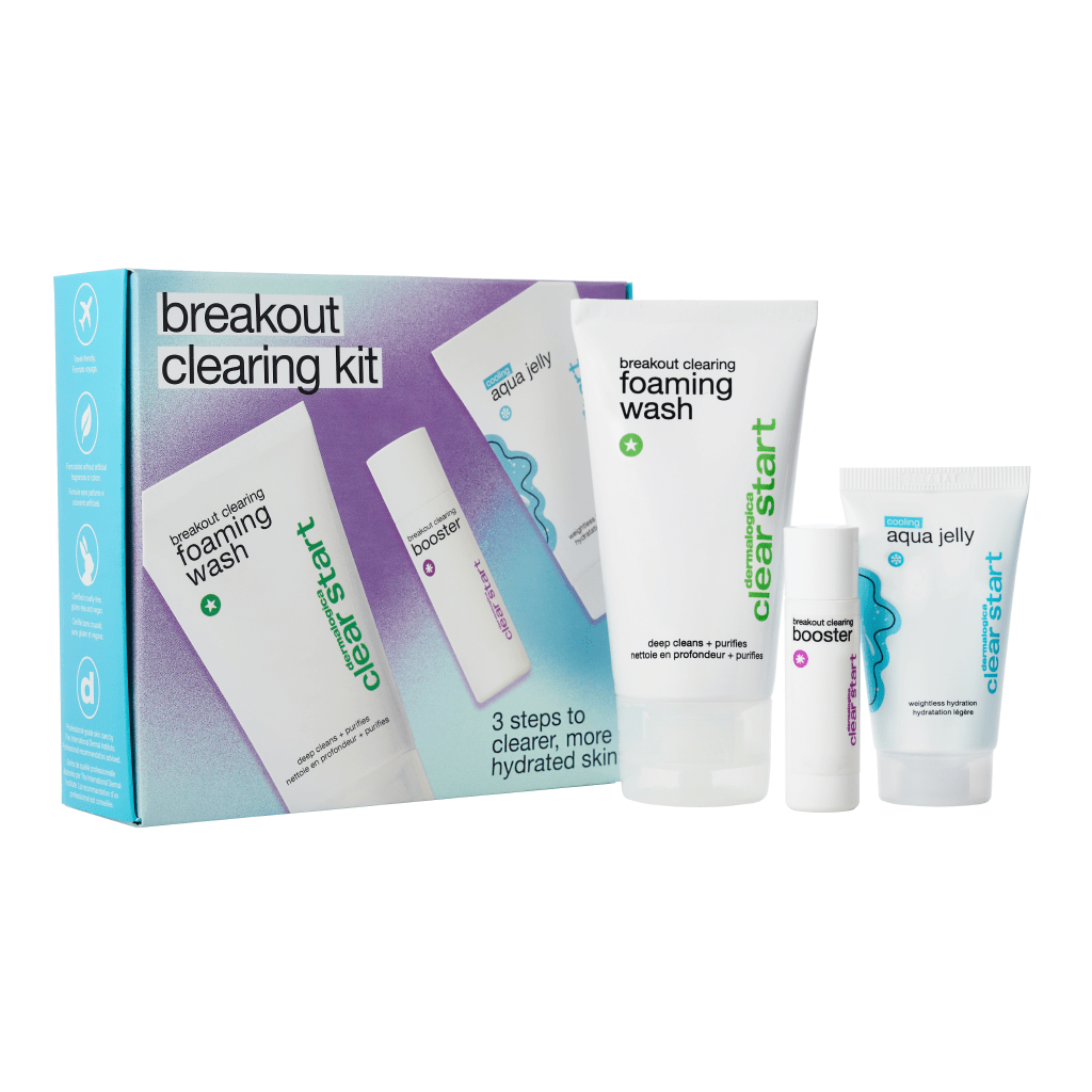 Breakout Clearing Kit von mit verschiedenen Hautpflegeprodukten: Schaumreiniger, Booster und Feuchtigkeitsgel.